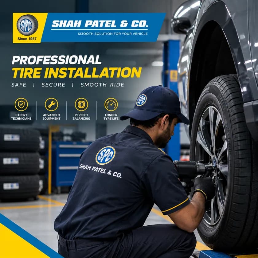 An SPC fitter mounting a new tyre onto an alloy wheel in the workshop.